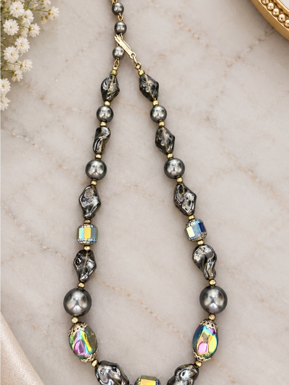 Trifari Iridescent and Gray Beaded Necklace 16”